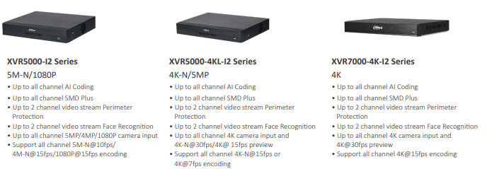 XVR5000-I2 Series 5M-N/1080P • Up to all channel AI Coding • Up to all channel SMD Plus • Up to 2 channel video stream Perimeter  Protec�on • Up to 2 channel video stream Face Recogni�on • Up to all channel 5MP/4MP/1080P camera input • Support all channel 5M-N@10fps/  4M-N@15fps/1080P@15fps encoding XVR5000-4KL-I2 Series 4K-N/5MP • Up to all channel AI Coding • Up to all channel SMD Plus • Up to 2 channel video stream Perimeter  Protec�on • Up to 2 channel video stream Face Recogni�on • Up to all channel 4K camera input and  4K-N@30fps/4K@ 15fps preview • Support all channel 4K-N@15fps or  4K@7fps encoding XVR7000-4K-I2 Series 4K • Up to all channel AI Coding • Up to all channel SMD Plus • Up to 2 channel video stream Perimeter  Protec�on • Up to 2 channel video stream Face Recogni�on • Up to all channel 4K camera input and  4K@30fps preview • Support all channel 4K@15fps encoding
