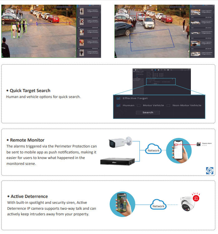 • Target Classifica�on Users can select human or vehicle for alarm according to scene requirements. Each rule line supports human and vehicle classifica�ons, and provides visual alarm effect.