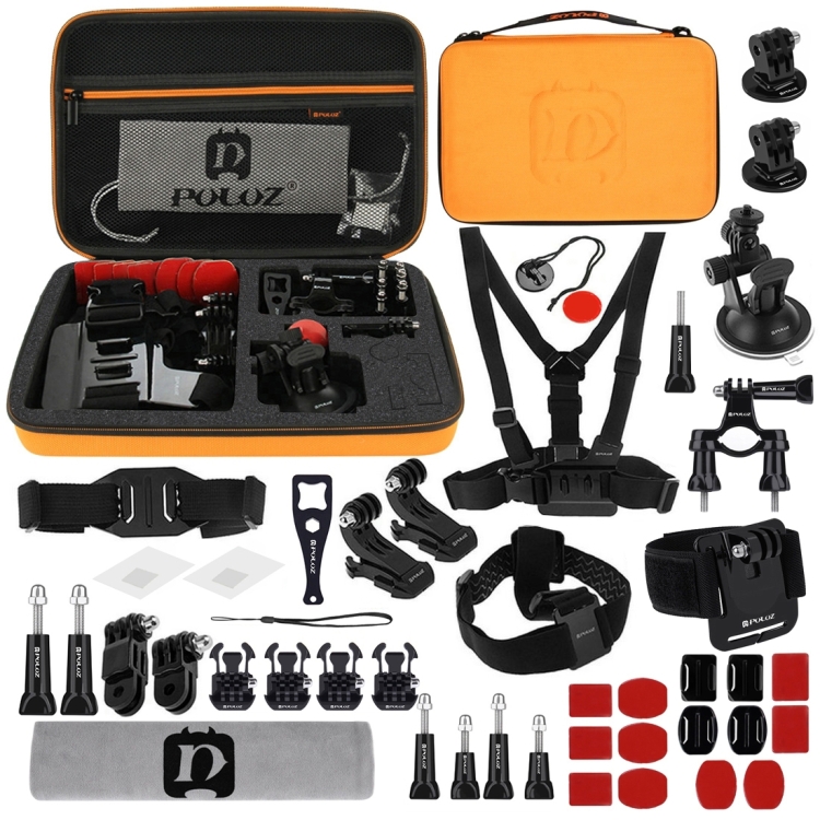 Shipping Free Gopro 45 in 1 Accessories Combo Kits with Orange EVA Case Chest Strap + Suction Cup Mount + 3-Way Pivot Arms + J-Hook Buckle + Wrist Strap + Helmet Strap + Surface Mounts + Tripod Adapter + Storage Bag + Handlebar Mount + Wrench