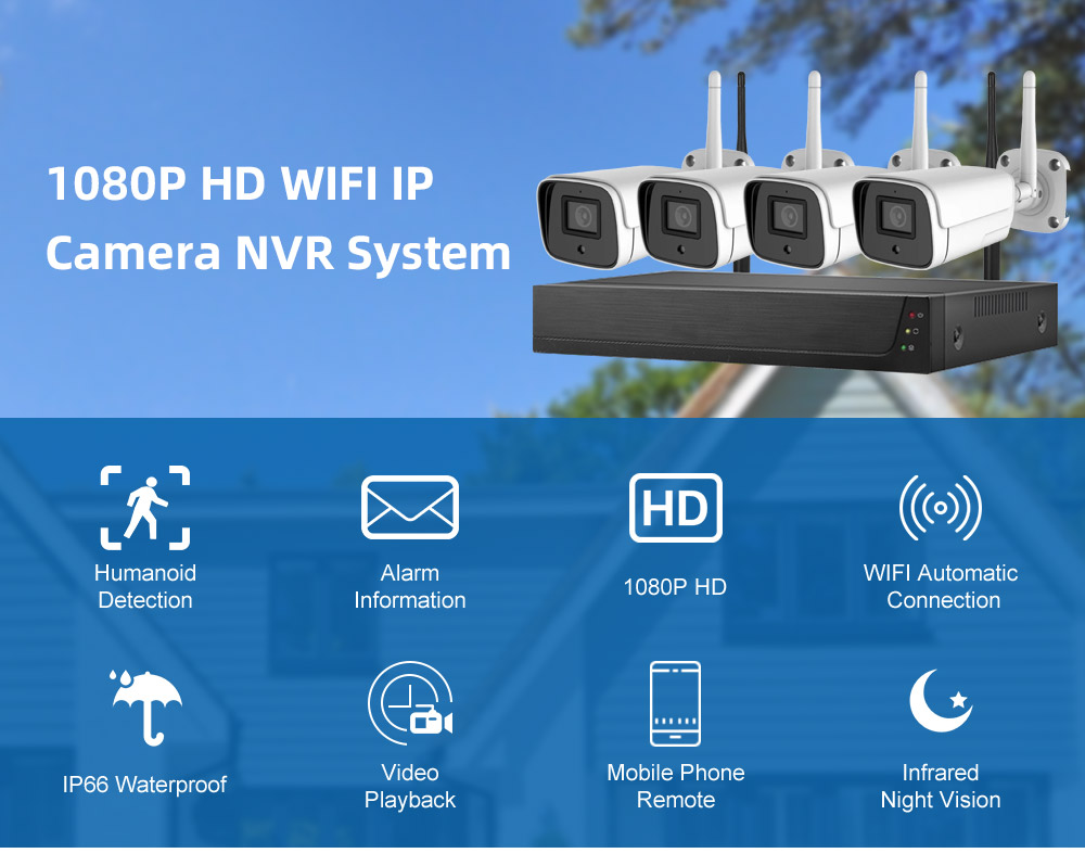 4 ch WIFI CCTV System 4 channel Wireless home Security System, 4PCS 1080P 2.0MP CCTV WI-FI IP Cameras for Homes Night Vision, Motion Alert free shipping 