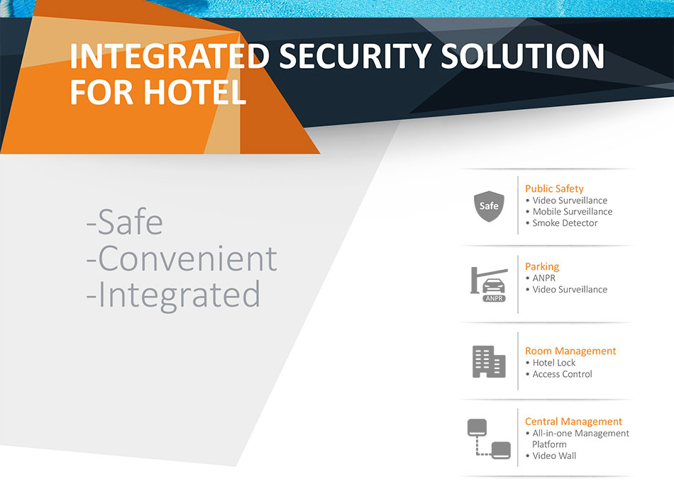 Public Safety • Video Surveillance • Mobile Surveillance • Smoke Detector Parking • ANPR • Video Surveillan Room Management • Hotel Lock • Access ControlCentral Management • All-in-one Management  Platform • Video Wall.Parking • Automated vehicle access control with
 ANPR module
• Parking video surveillance ensures vehicle
 safetyRoom Management
• Dahua Hotel locks ensure safe and convenient
 hotel room management
• Access control can manage personnel entry.Central Management
• All-in-one management platform integrates
 multiple systems together
• Video wall displays clear, live surveillance
 overview