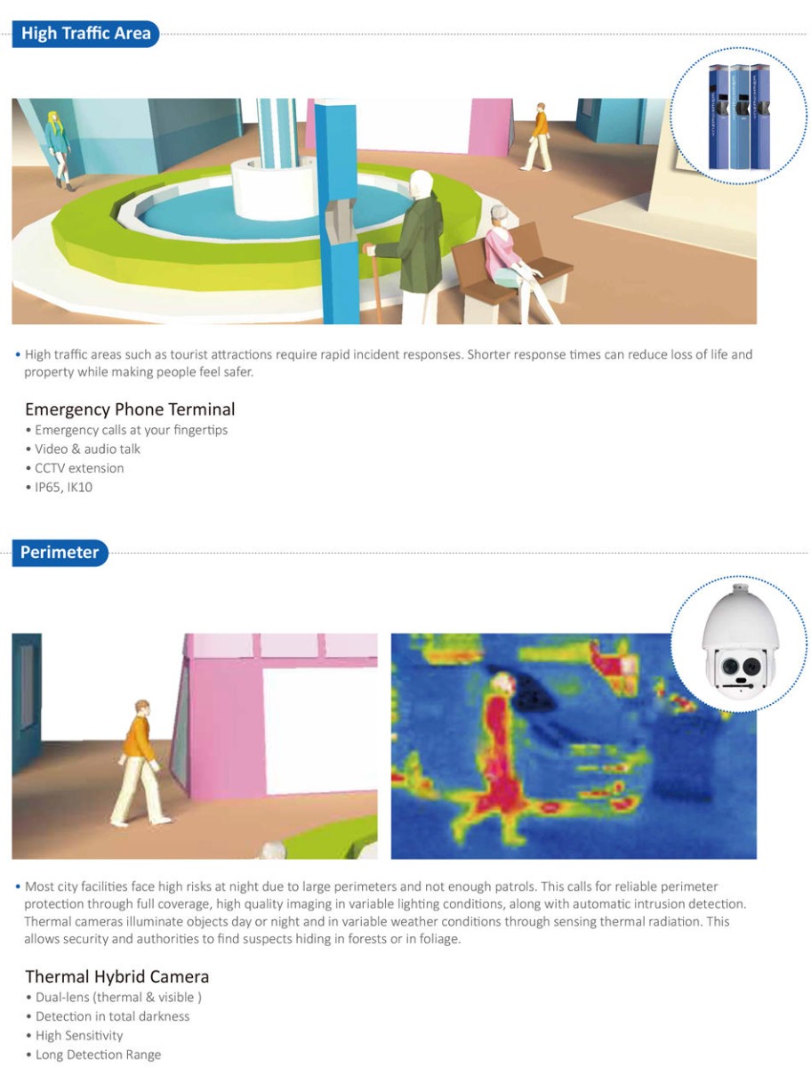  High traffic areas such as tourist attractions require rapid incident responses. Shorter response times can reduce loss of life and
 property while making people feel safer.
Emergency Phone Terminal
• Emergency calls at your fingertips
• Video & audio talk
• CCTV extension
• IP65, IK10 Most city facilities face high risks at night due to large perimeters and not enough patrols. This calls for reliable perimeter
 protection through full coverage, high quality imaging in variable lighting conditions, along with automatic intrusion detection.
 Thermal cameras illuminate objects day or night and in variable weather conditions through sensing thermal radiation. This
 allows security and authorities to find suspects hiding in forests or in foliage.