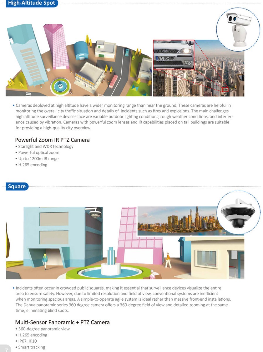  Cameras deployed at high altitude have a wider monitoring range than near the ground. These cameras are helpful in
 monitoring the overall city traffic situation and details of incidents such as fires and explosions. The main challenges
 high altitude surveillance devices face are variable outdoor lighting conditions, rough weather conditions, and interfer-
 ence caused by vibration. Cameras with powerful zoom lenses and IR capabilities placed on tall buildings are suitable
 for providing a high-quality city overview. Incidents often occur in crowded public squares, making it essential that surveillance devices visualize the entire
 area to ensure safety. However, due to limited resolution and field of view, conventional systems are inefficient
 when monitoring spacious areas. A simple-to-operate agile system is ideal rather than massive front-end installations.
 The Dahua panoramic series 360 degree camera offers a 360-degree field of view and detailed zooming at the same
 time, eliminating blind spots.