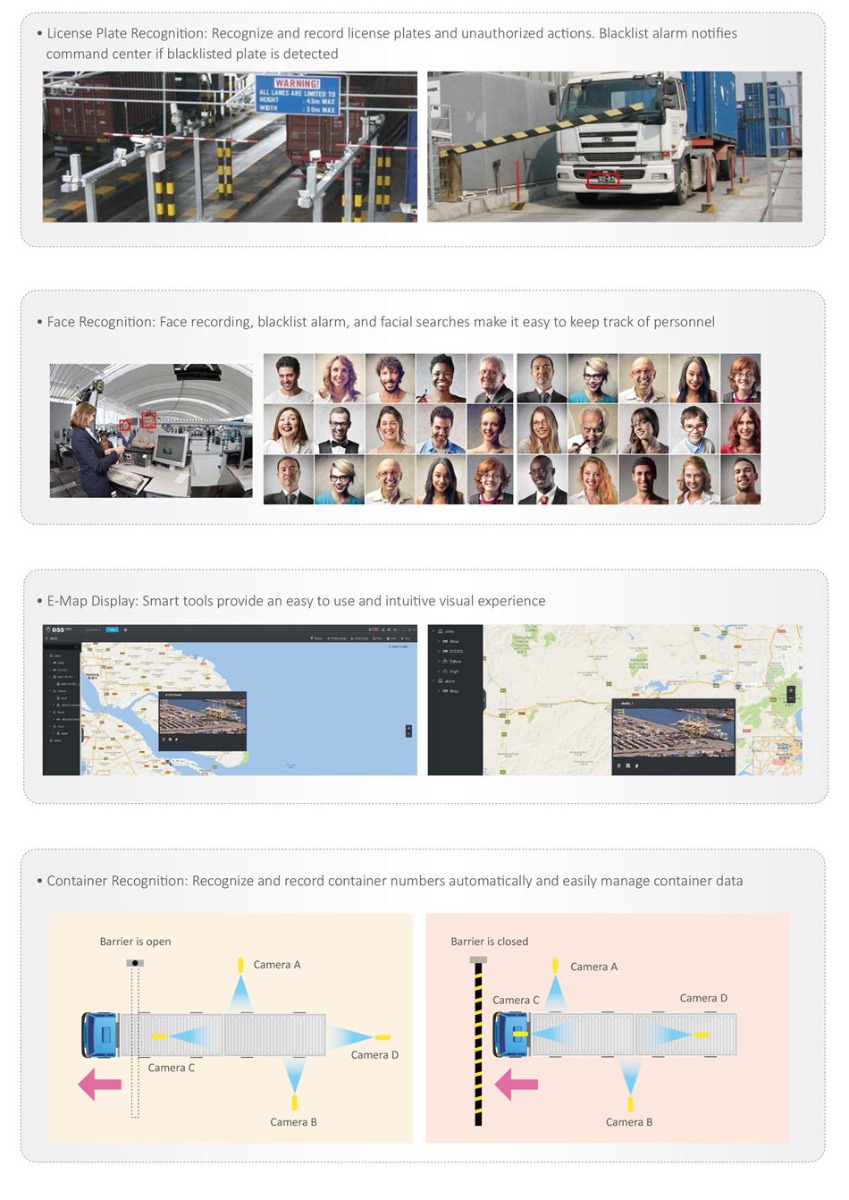 INTEGRATED SECURITY SOLUTION FOR HARBOR Highlights：
• Unified management: Centralized management of vehicles, containers, and personnel
• High definiton: 4K
• Adaptve camera: Ant- corrosion, explosion-proof, panorama, thermal camera
• High integraton: All-in-one, M series for display
• Intelligent functons: License Plate Recogniton, Face Recogniton, Container Number Recogniton, perimeter intrusion
 alarm, intelligent behavior analysis, etc.
• Easy to upgrade: HDCVI technology is cost-effectve and easy to install
• High storage reliability: Local SD card storage, RAID technology, N+M soluton, and hot spare
• High system efficiency: E-map, self-diagnosis