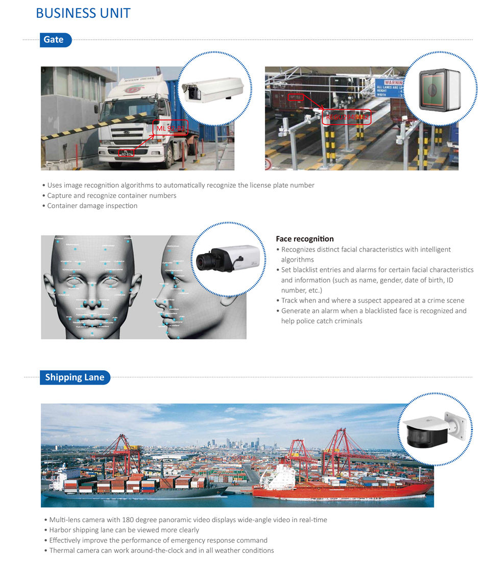 • Uses image recogniton algorithms to automatcally recognize the license plate number
• Capture and recognize container numbers
• Container damage inspecton Face recogniton
• Recognizes distnct facial characteristcs with intelligent
 algorithms
• Set blacklist entries and alarms for certain facial characteristcs
 and informaton (such as name, gender, date of birth, ID
 number, etc.)
• Track when and where a suspect appeared at a crime scene
• Generate an alarm when a blacklisted face is recognized and
 help police catch criminals