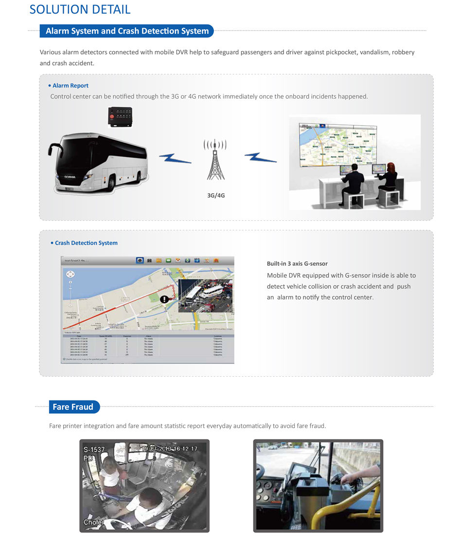 INTEGRATED SECURITY SOLUTION FOR PUBLIC BUS  Various zone like speed limit zone, driving zone, forbidden zone, departure zone and arrival zone can be set on the client e-map to
correct limit driving route.
• Support: Google online map, Google offline map, Raster map.
Getting updates and alerts on bus location , direction , speed so that control center can intervene driver immediately with audio talk
once abnormal situation happens.