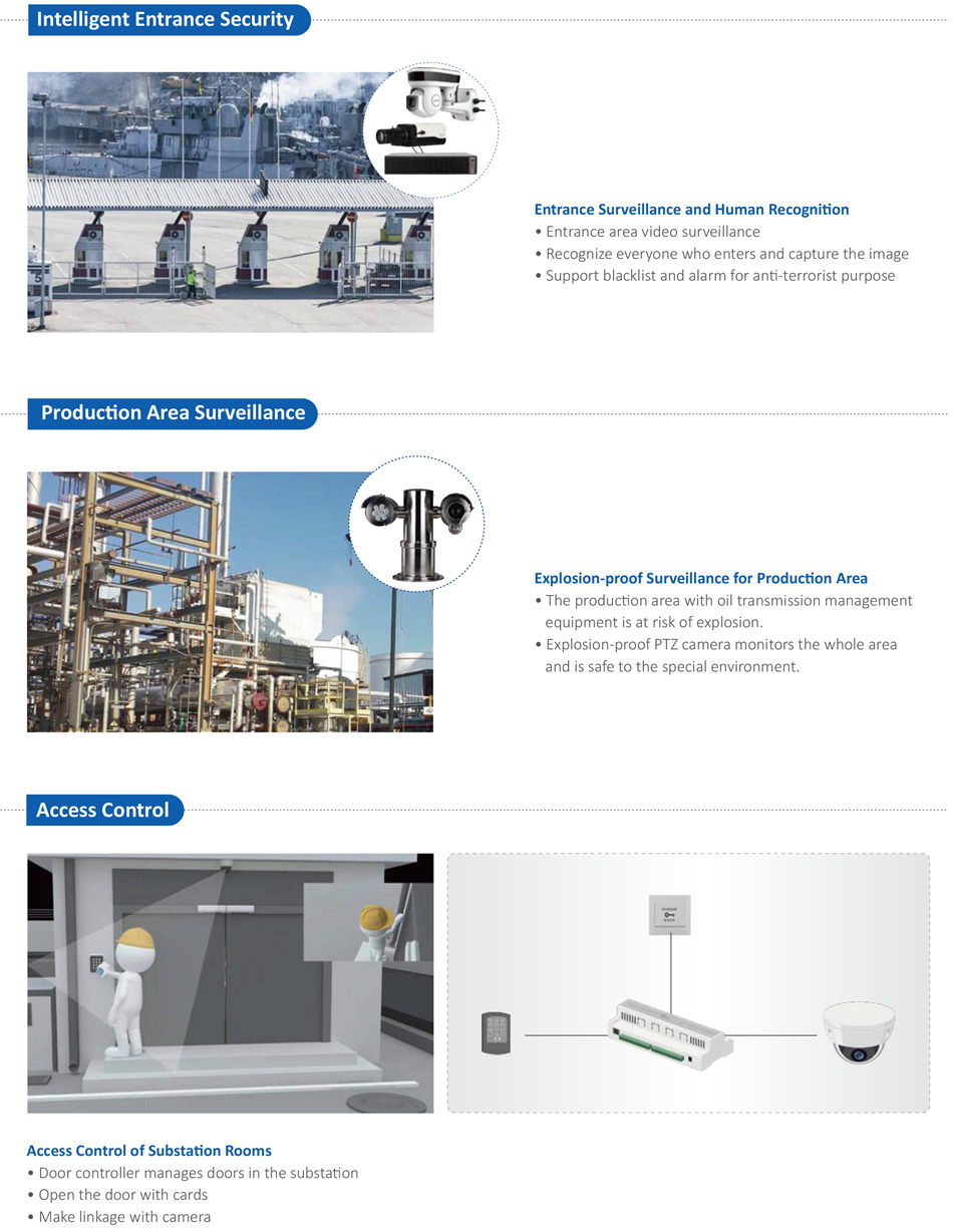 OIL AND GAS SOLUTION Producton Safety
- 16 -
Staī Auto-tracking and Record
• Dahua PTZ camera automatcally tracks the process of
 producton and records it.
• The producton safety manager can remotely inspect the
 staff in the substaton.
• If some accident happens unfortunately, the video
 recorded will help manager do analysis.
Power Grid Control Center
• Power grid control center manages all its substatons
 with Dahua VMS platorm and video wall. Dahua
 system also supports the linkage with SCADA system.
Tour Inspecton
• Power transmission line inspecton is hard work and
 drone tour inspecton makes it easy.
• By drone tour inspecton, staff can check the power
 transmission line and tower remotely.