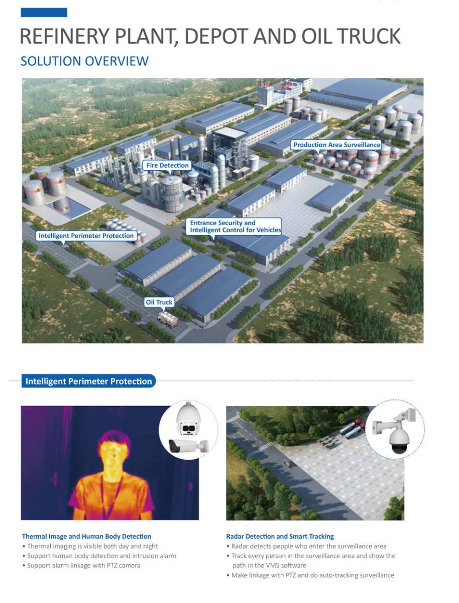 REFINERY PLANT, DEPOT AND OIL TRUCK No Ticket No Stop
• For efficiency, vehicle entrance is controlled by LPR. Without
 any tckets, improve traffic flow with no delays
Two Trigger Ways
• Supports induct loop trigger and video trigger, simplify
 constructon
Info Screen
• Informaton screen will show some notficaton messages
Abnormal Holding
• Press VTO buton once needed
ANPR
B.HXXX12
 Intelligent Entrance Security
E