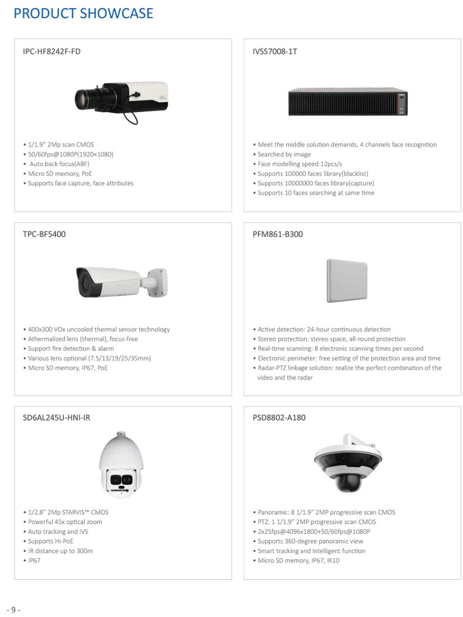 Dam is the most important part of hydro power plant, especially
for anti-terrorist purpose.
Dahua multi-sensor panoramic camera+PTZ camera can monitor
the whole dam area and tracks the moving target with 37x zoom