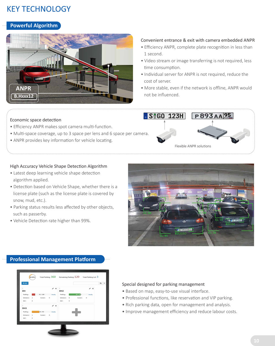 SMART PARKING MANAGEMENT SOLUTION  Intercom handling
 Response to visitor or emergency call by VTO.
• Remote management
 Modify the vehicle informaton remotely. Control the barrier remotely.
• Smart search
 Search the video and image by date/tme/license plate.
• Parking log
 Rich parking, entry and exit history log, including vehicle picture, license plate, parking space number, tme informaton and etc.Flexible spot detectng choices
• Different parking scenes have cost-effectve solutons respectvely.
• 2Mega spot camera could detect two parking spaces. 3Mega spot camera could detect three parking spaces.
• 3Mega dual-lens spot camera could even detect six parking spaces, which could save over 25% of the cost for every
 parking space.
ITC-214 can be further used to detect parallel parking spaces as
shown in the picture if necessary.
Owing to the adjustable two axis, ITC-314-PH2A-TF
series support angled parking space detecton for up
to 4 parking spaces.
2Mega 2Mega
3Mega