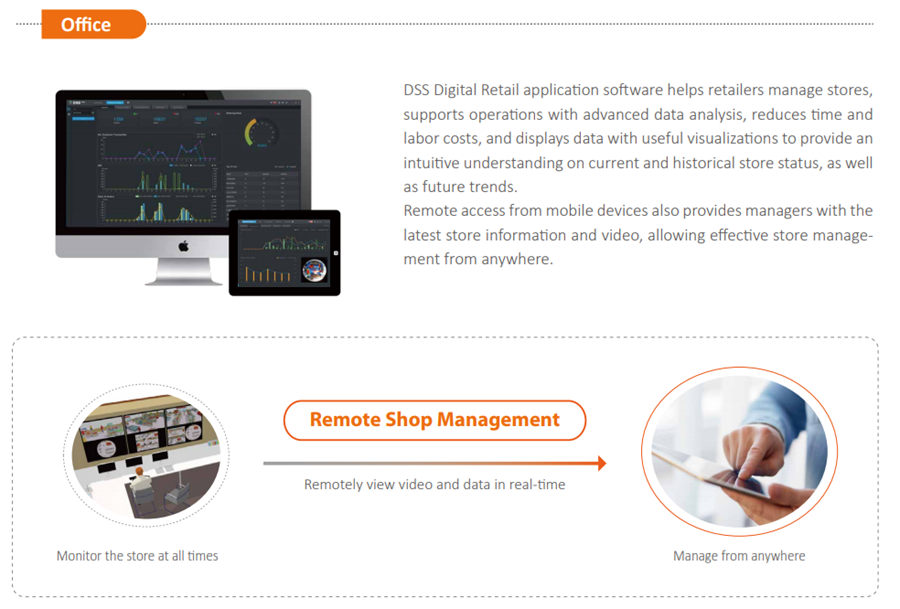 DSS Digital Retail application software helps retailers manage stores, supports operations with advanced data analysis, reduces time and labor costs, and displays data with useful visualizations to provide an intuitive understanding on current and historical store status, as well as future trends. Remote access from mobile devices also provides managers with the latest store information and video, allowing effective store management from anywhere.