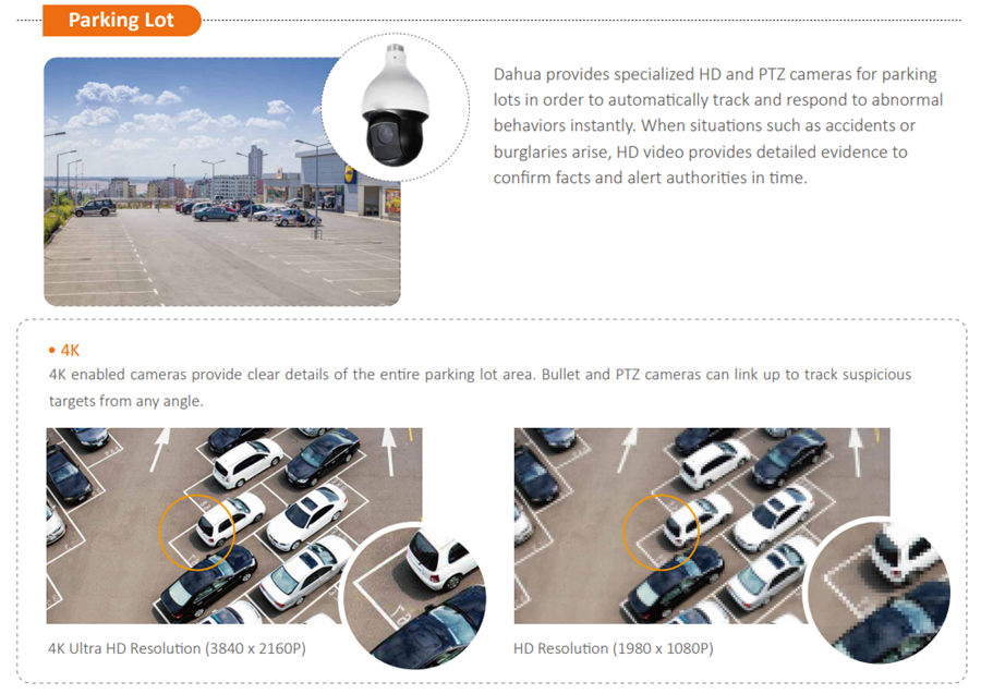  provides specialized HD and PTZ cameras for parking lots in order to automatically track and respond to abnormal behaviors instantly. When situations such as accidents or burglaries arise, HD video provides detailed evidence to confirm facts and alert authorities in time.